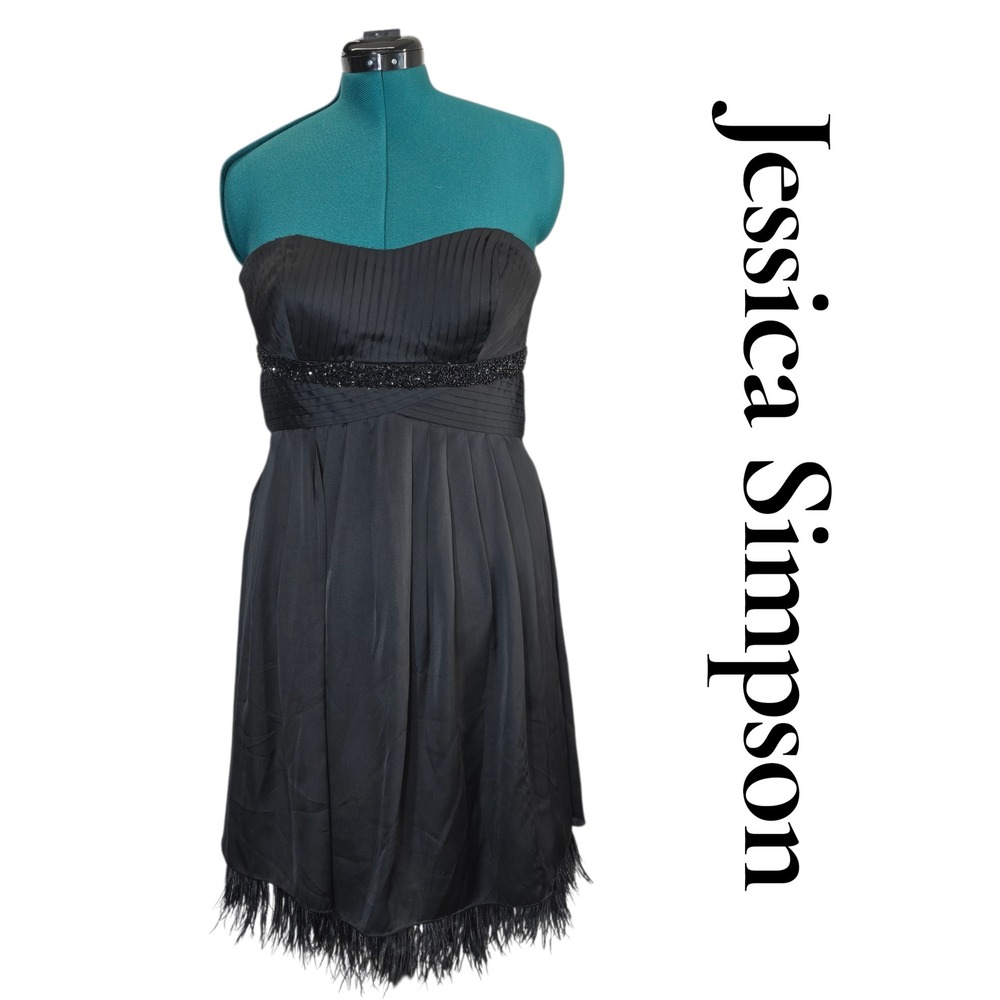Jessica Simpson Dress Womens 8 Black Polyester Strapless Beaded Feather Cocktail